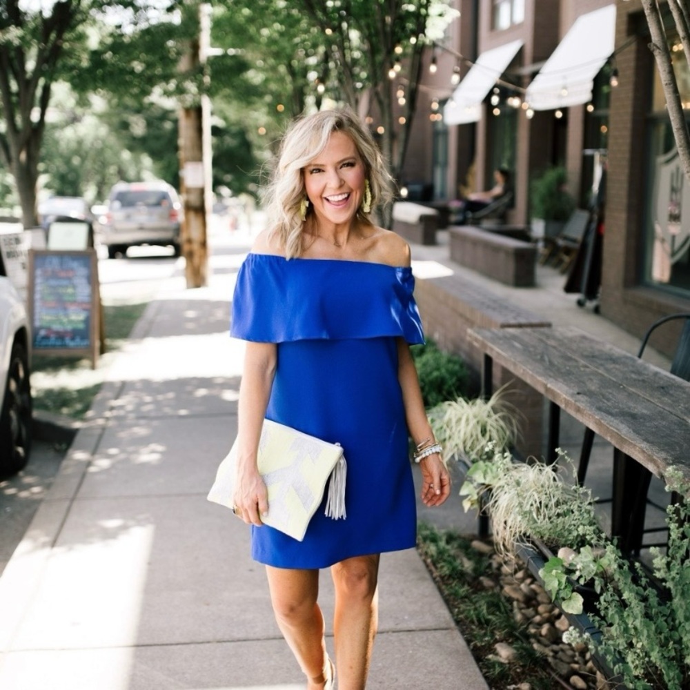 Charles Henry Blue Off Shoulder Cape Top Dress Size Large